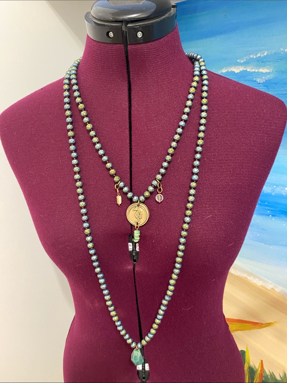Layered Green Beaded Women’s Necklace with Gold Accent Pendant